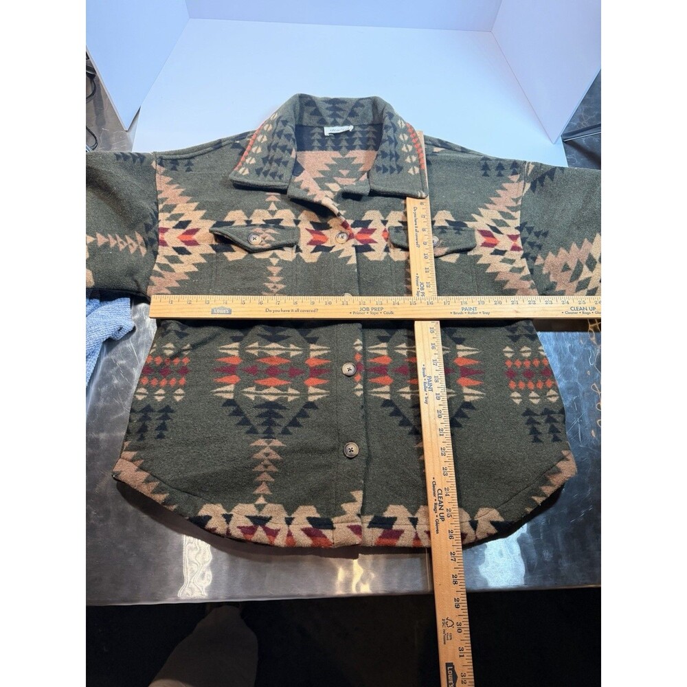 Womens L Southwestern Aztec Fleece Shacket Shirt Jacket Olive Western Boho - Picture 3 of 8